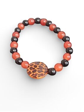 Orange & Black Beaded Stretch Bracelet with Leopard Accent